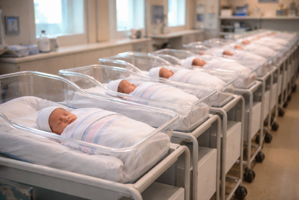 Rows of newborn babies resting in bassinets inside a modern hospital maternity ward with soft lighting and no identifiable individuals.