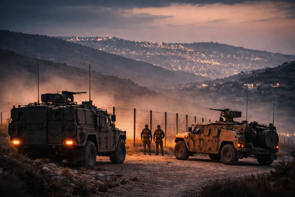 Military vehicles positioned near a border fence at dusk with distant city lights, symbolizing ongoing tensions and negotiations between Israel and Lebanon