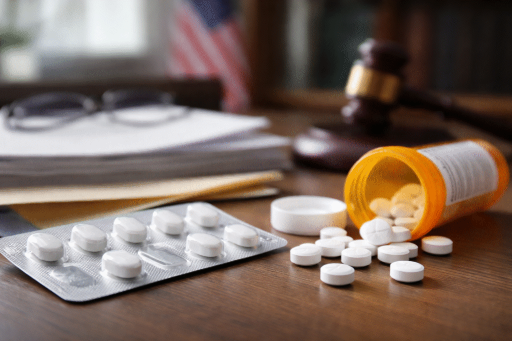 Close-up of unbranded medication pills on a surface with a blurred background suggesting a clinical and policy-related setting.