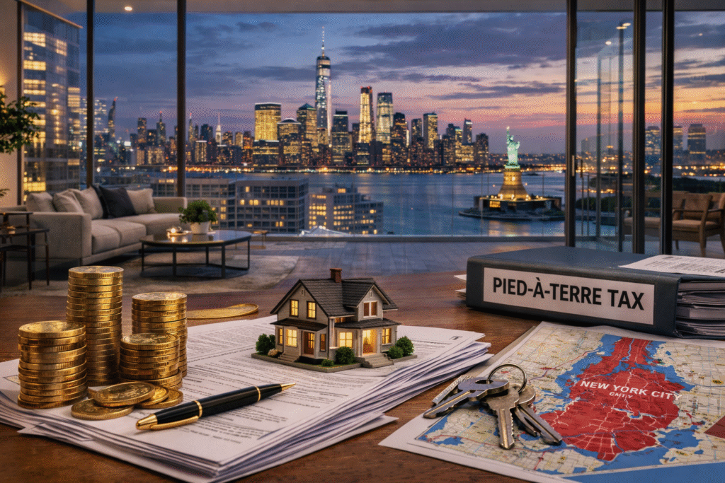 Luxury high-rise apartment interior overlooking New York skyline with symbolic elements representing taxation on nonresident property owners.