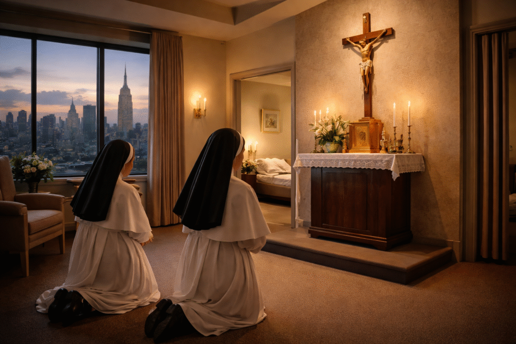 Catholic nuns in a quiet hospice setting with soft lighting, symbolizing a legal dispute over religious freedom and healthcare practices in New York.
