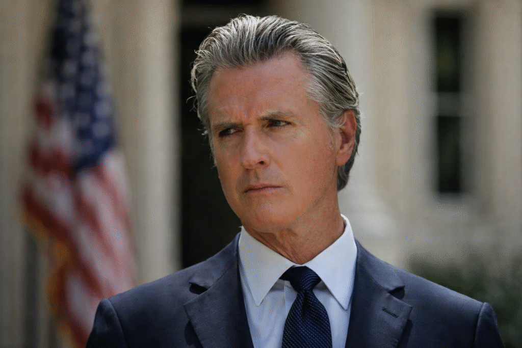 Close-up of a middle-aged man in a navy suit and tie with a serious expression, standing outdoors with a blurred American flag and light-colored building in the background.