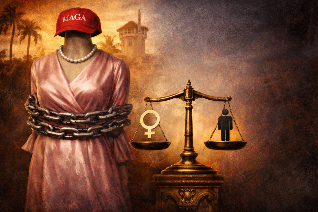 Mannequin in a pink dress wearing a red cap and bound in chains stands beside a balance scale showing female and male symbols, representing a symbolic debate over gender and power.
