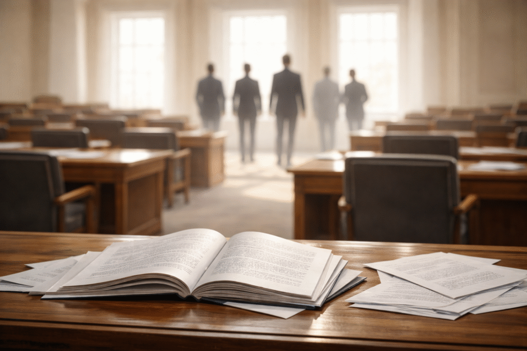 Bright legislative chamber with open book and scattered documents on a wooden desk, figures blurred in the background near tall sunlit windows.