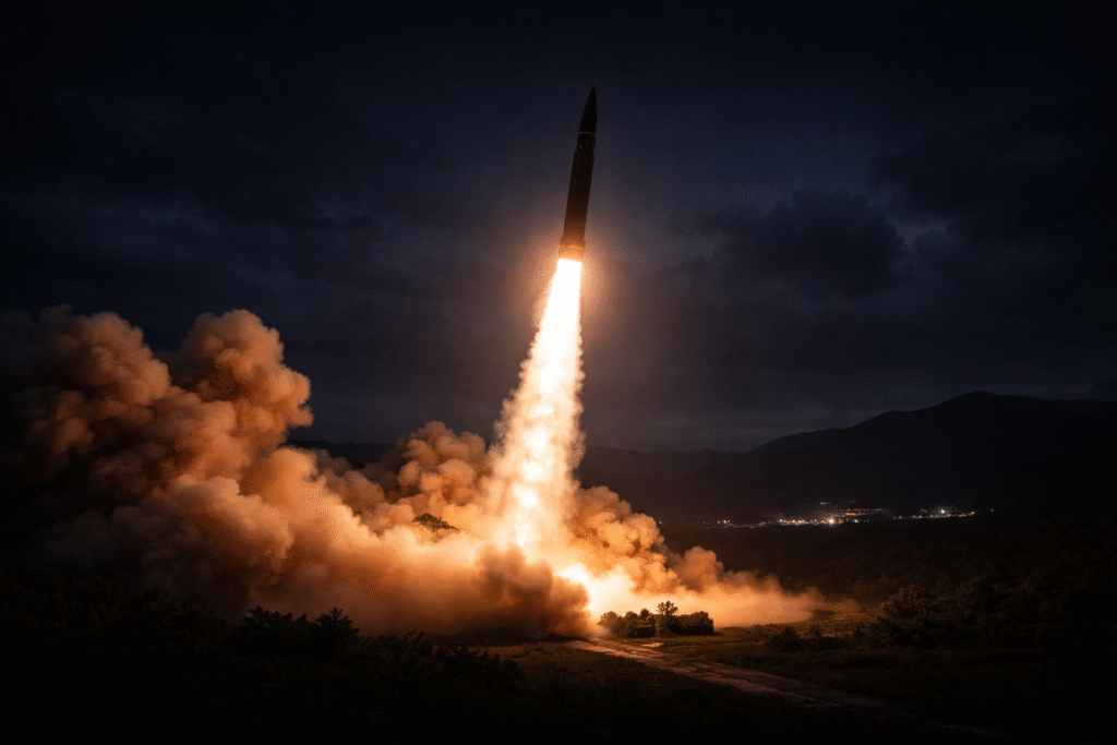 Missile launch at night with bright flame plume rising into the sky, symbolizing escalating military tensions on the Korean Peninsula.