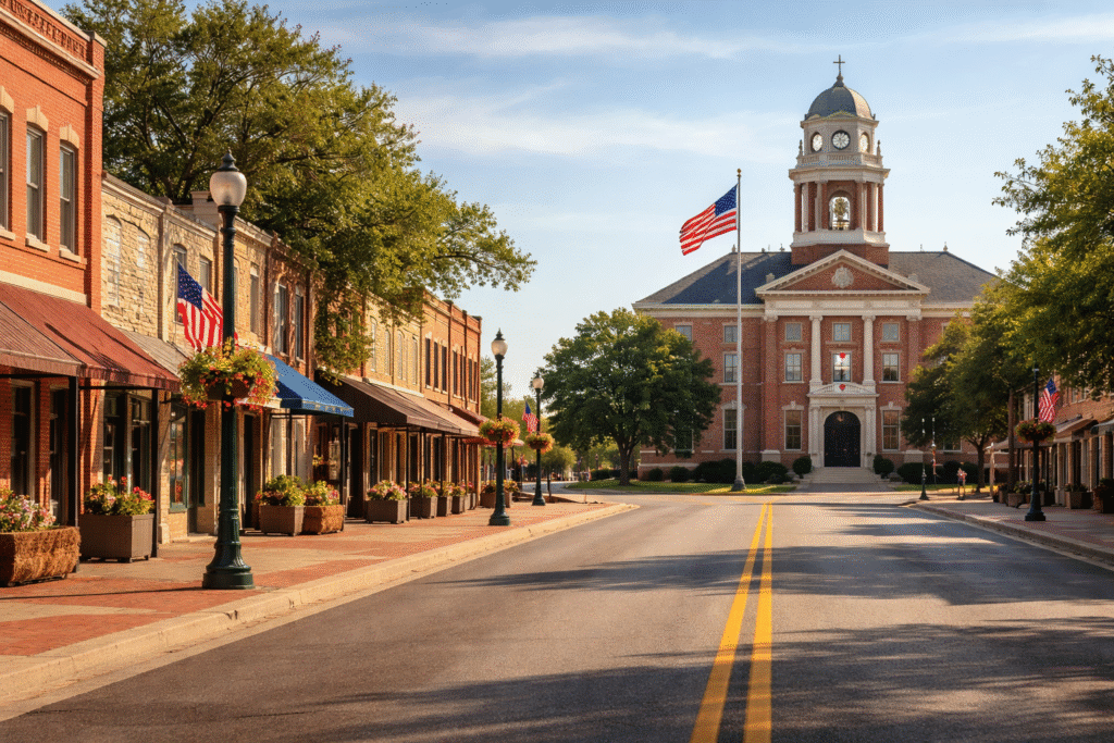 Small Texas town street with courthouse and American flag representing local abortion legislation decision
