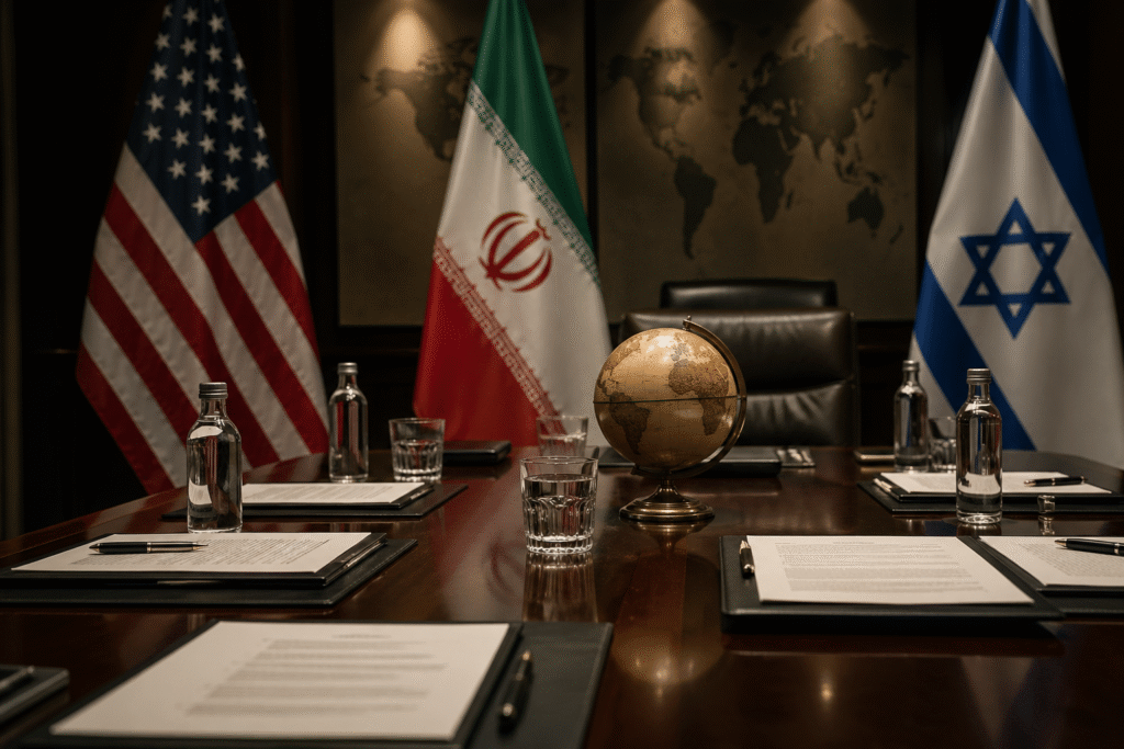 Dimly lit diplomatic meeting room with flags of the United States, Iran, and Israel and documents on a conference table, symbolizing geopolitical negotiations.