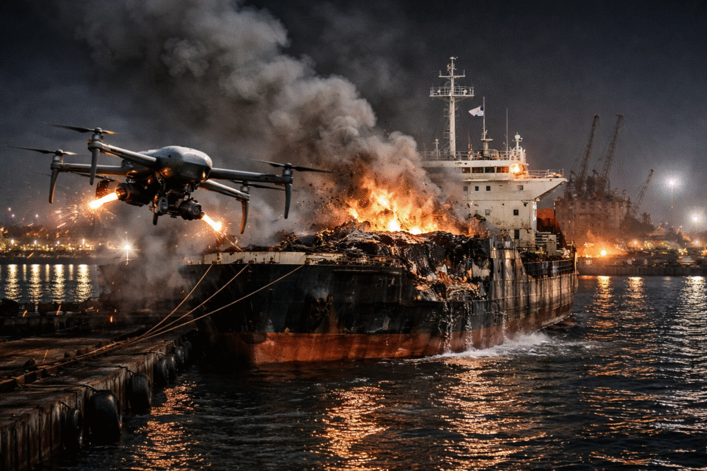 Drone approaching a grain cargo ship at a port at night as flames and smoke rise from the vessel after an apparent strike.