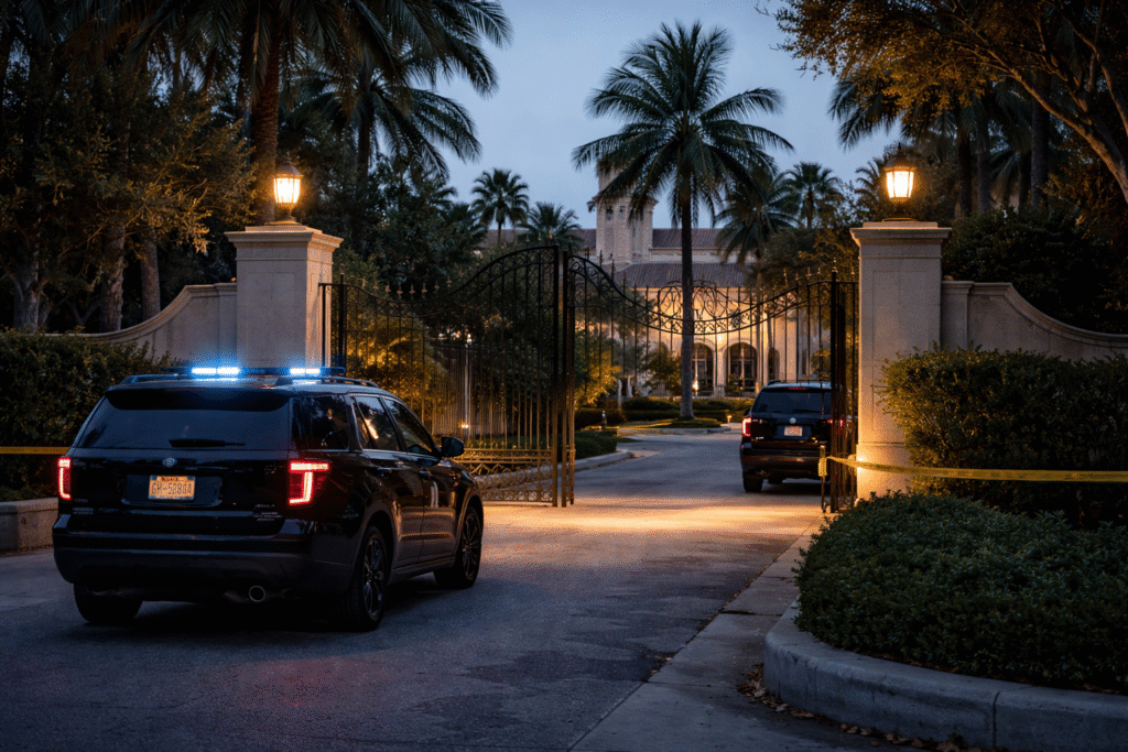 Exterior of a gated residence with law enforcement vehicles parked outside at dusk, representing a federal raid scenario.