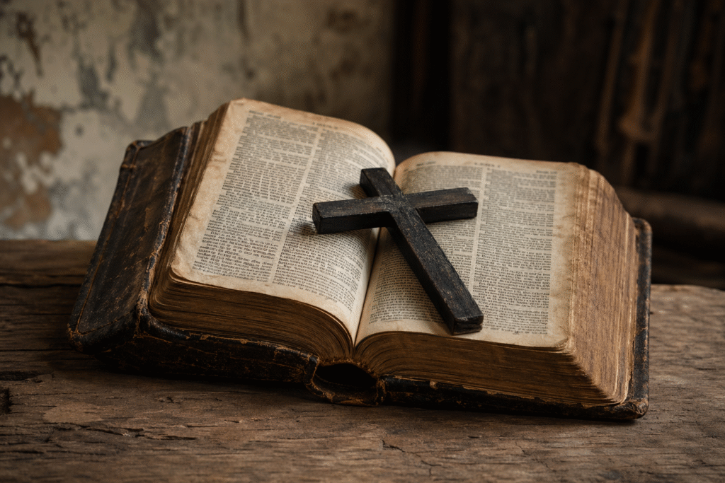 Open aged Bible with a wooden cross resting on its pages in a dimly lit setting, symbolizing faith and religious debate.
