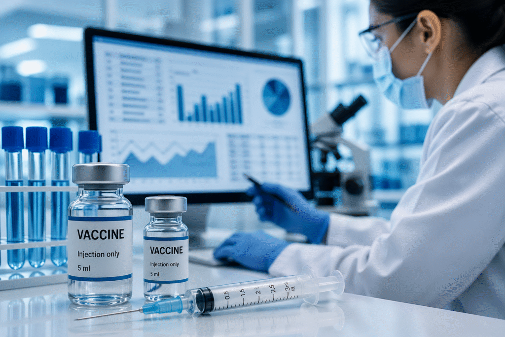 A medical laboratory setting showing vaccine vials, a syringe, and a researcher reviewing data on a computer screen.