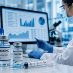 A medical laboratory setting showing vaccine vials, a syringe, and a researcher reviewing data on a computer screen.