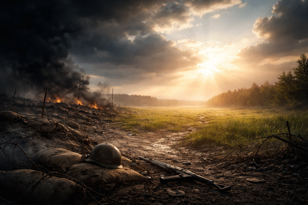 A realistic scene of a war-torn landscape with debris, a discarded helmet and rifle in the foreground, smoke rising from scorched ground, and sunlight breaking through clouds over a calm, green field in the distance.