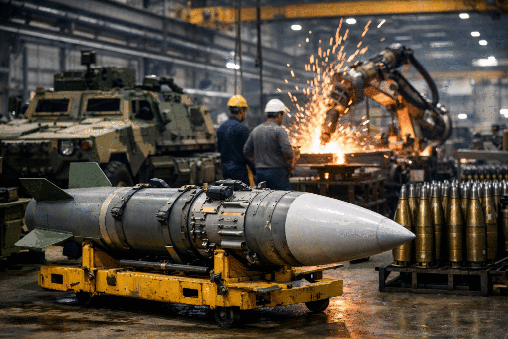 Industrial defense manufacturing facility with missile assembly, robotic welding, and military vehicles inside a large production warehouse.