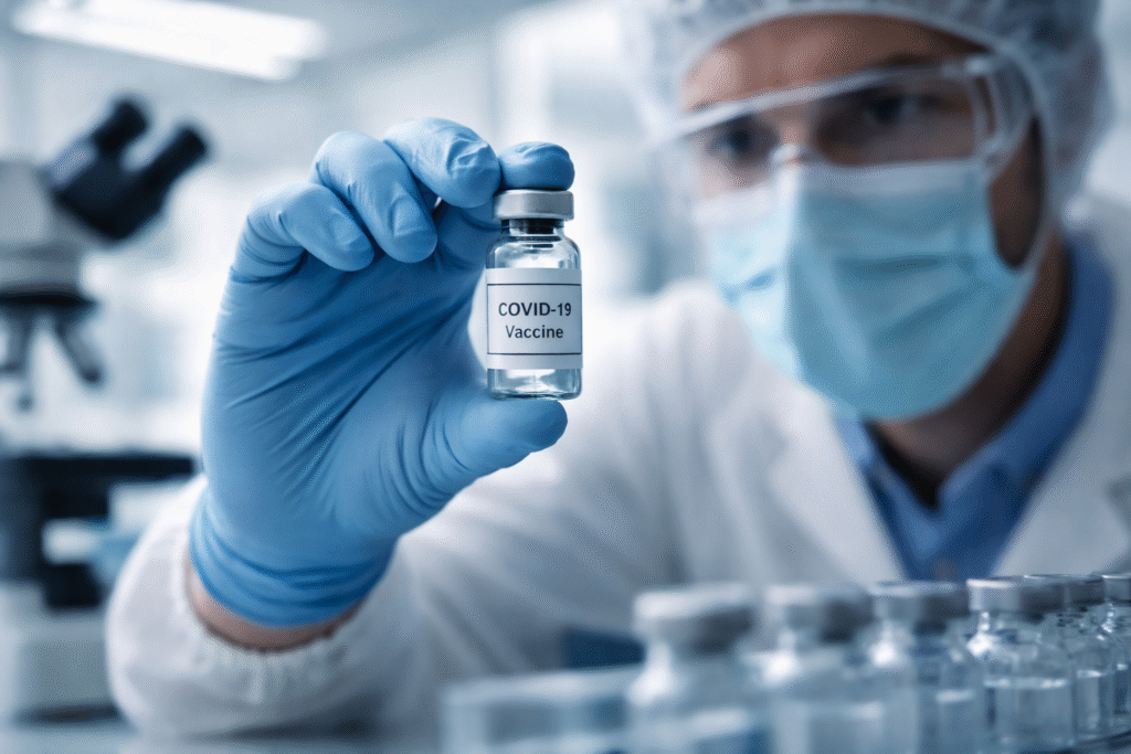 Scientist in a sterile laboratory examining a vaccine vial during a halted clinical trial study.
