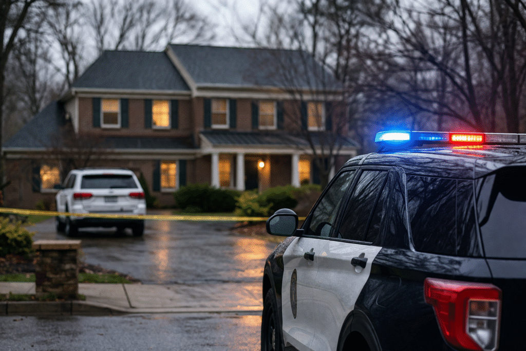 Police vehicle with flashing lights outside a suburban home at night during an active investigation scene