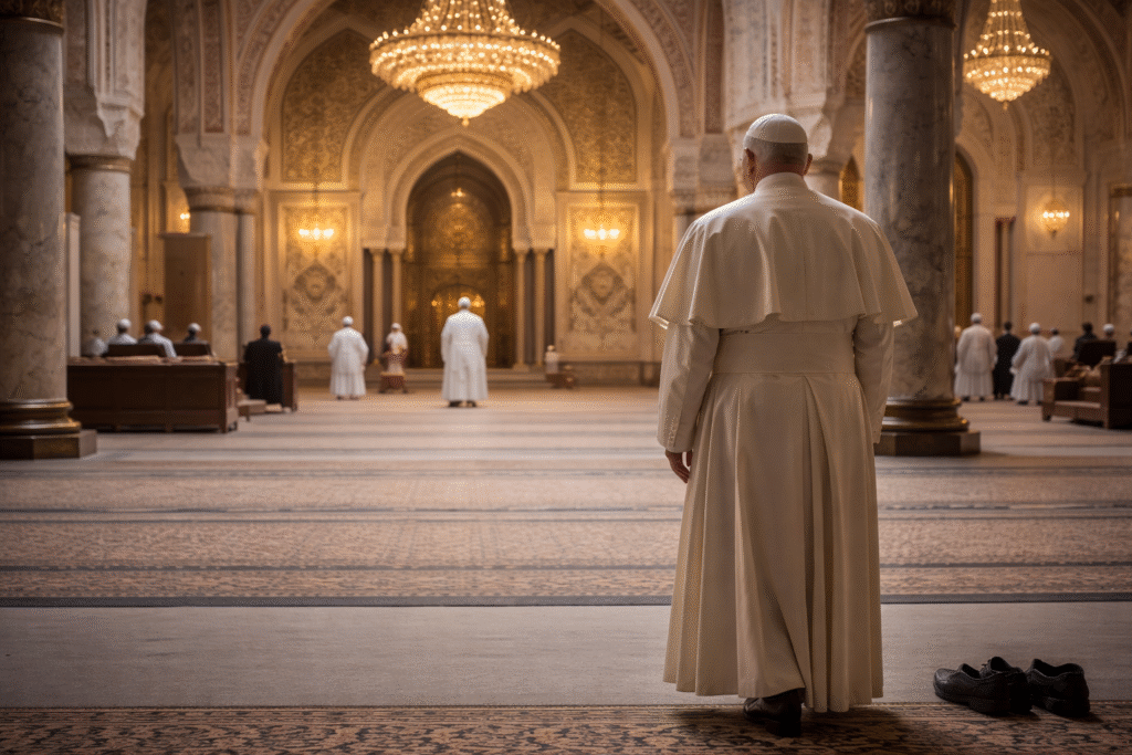 A religious leader standing inside a large mosque in quiet reflection, symbolizing interfaith engagement and ongoing debate within global religious communities.