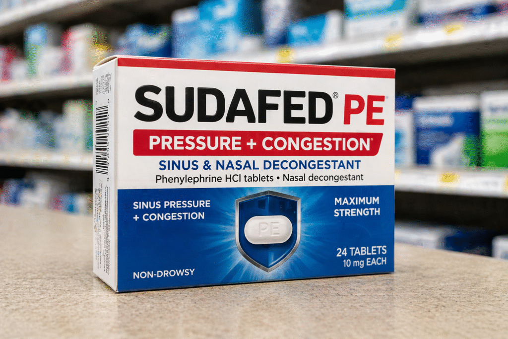 Close-up of an over-the-counter nasal decongestant box on a pharmacy counter with blurred shelves in the background, representing phenylephrine-based cold medicine.