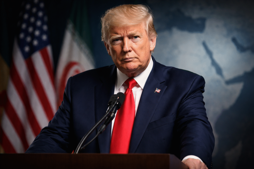 Serious political leader at podium with blurred international flags and Middle East map in background, symbolizing geopolitical tension between the United States and Iran