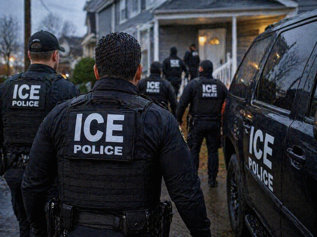 Group of law enforcement officers wearing tactical gear labeled “ICE Police” approaching a suburban house at dusk, with vehicles parked nearby and wet pavement reflecting light.