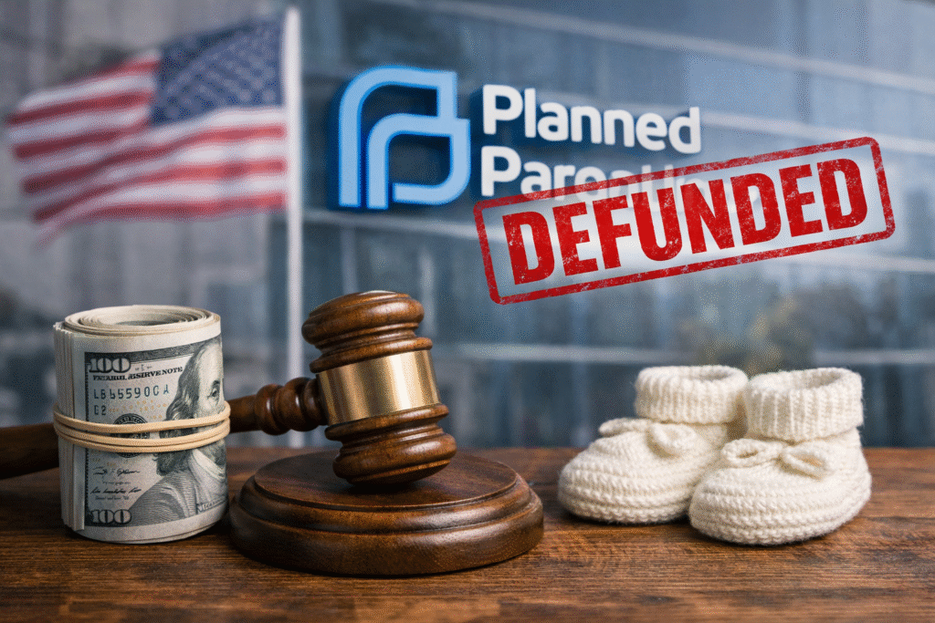 Gavel and stack of money beside baby shoes symbolizing policy decision on healthcare funding with blurred clinic building in background.