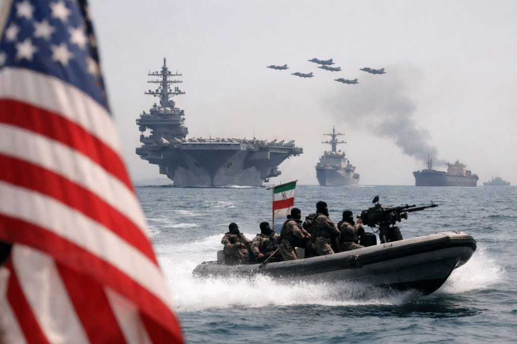 U.S. naval carrier and fighter jets in the Strait of Hormuz with an Iranian patrol boat in the foreground, symbolizing military tension and a temporary ceasefire agreement.