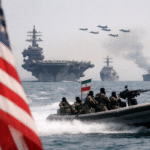 U.S. naval carrier and fighter jets in the Strait of Hormuz with an Iranian patrol boat in the foreground, symbolizing military tension and a temporary ceasefire agreement.
