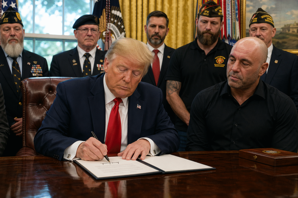 Government official signing documents at a desk with veterans and medical professionals in the background, representing a policy decision on mental health treatment.