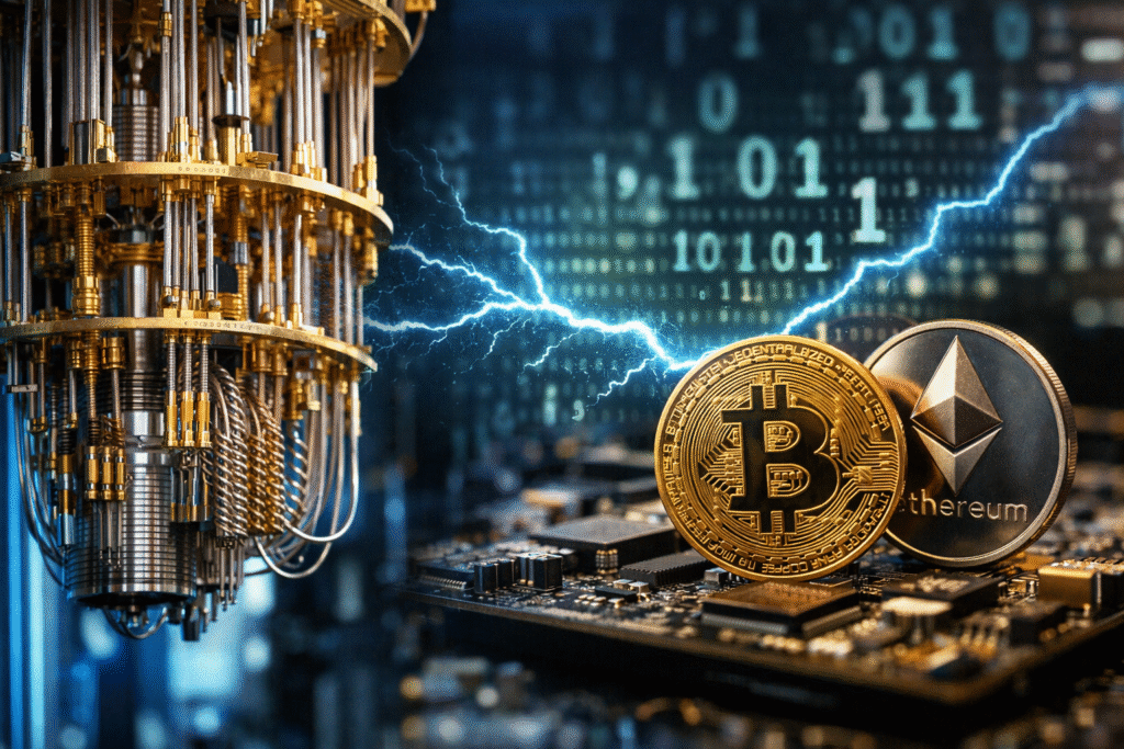 Quantum computer hardware connected to cryptocurrency coins on a circuit board, symbolizing potential risks to blockchain encryption security.