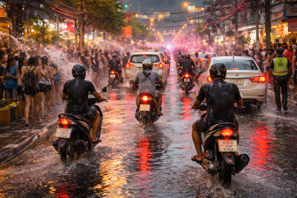 Motorcycles and vehicles navigating wet, crowded streets during Thailand’s Songkran festival, highlighting dangerous road conditions and accident risks.