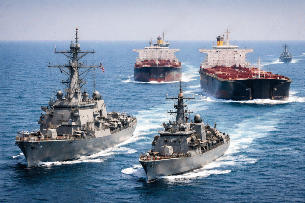 Naval warships escorting large oil tankers through open waters, representing a coordinated effort to secure a major global shipping route.