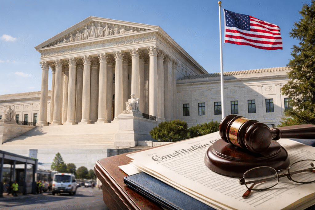 US Supreme Court building with American flag and legal documents symbolizing a constitutional debate on birthright citizenship and immigration law.
