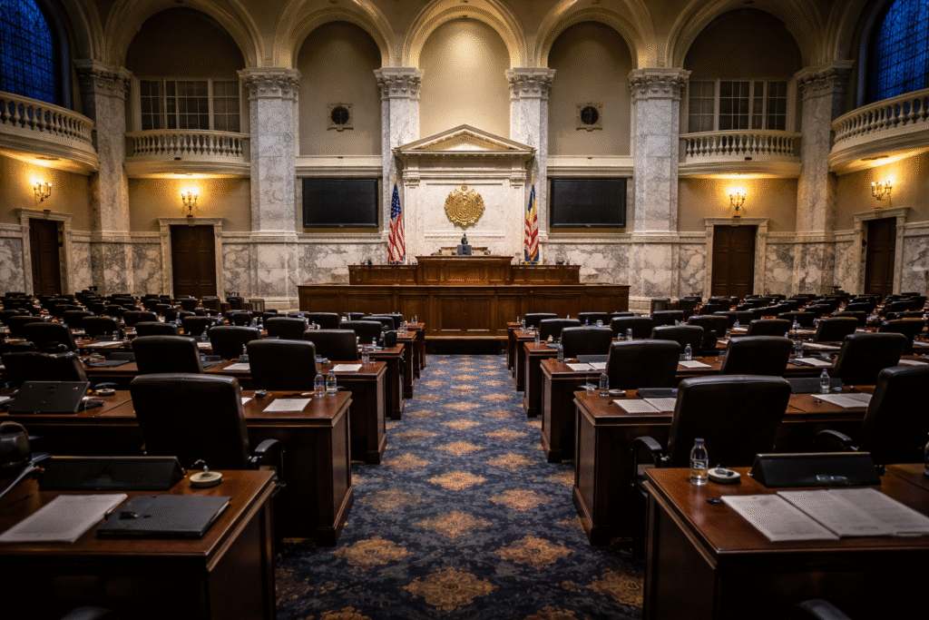 A state legislative chamber with empty seats and subdued lighting, symbolizing a stalled redistricting effort and political disagreement.