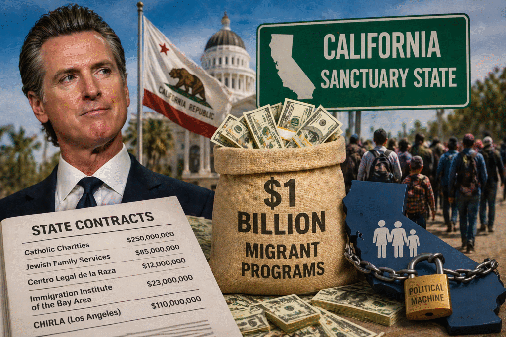 Symbolic image representing government funding and migration policy, showing documents and financial elements linked to immigration programs.
