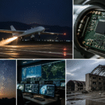 Military drone launching at night with advanced guidance systems, alongside imagery of missile electronics, satellite control operations, and damaged airbase infrastructure.