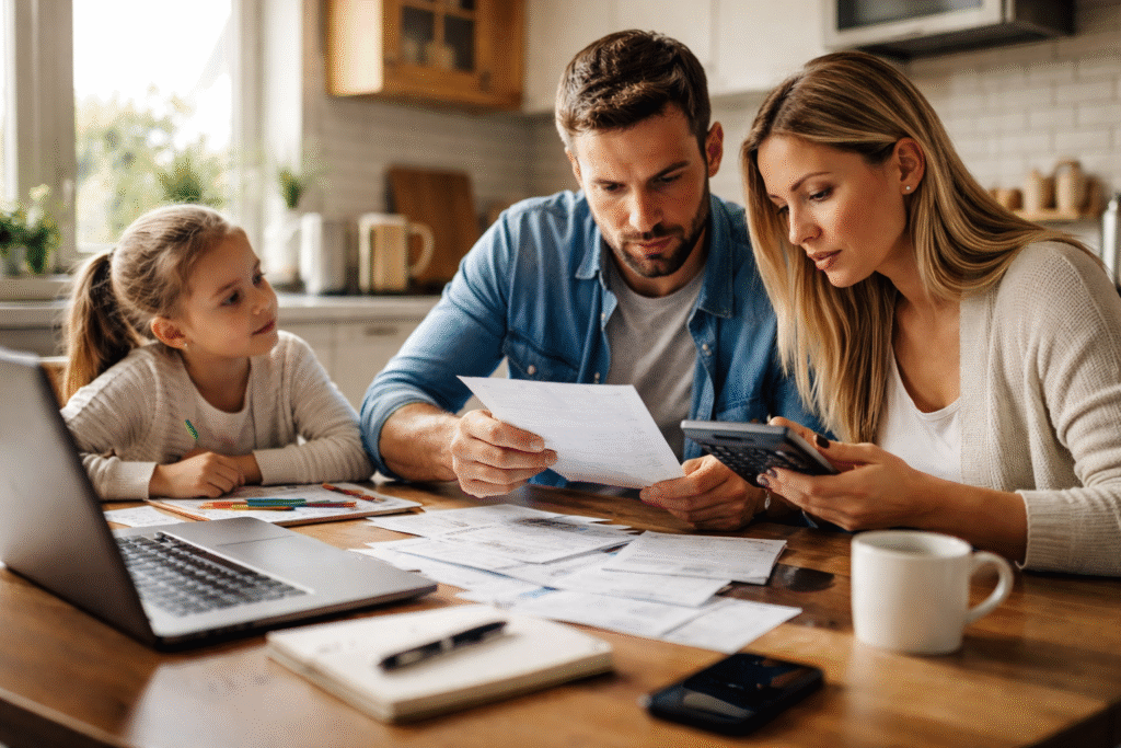 Family seated at a kitchen table reviewing bills and paperwork, using a calculator and laptop to manage household finances.