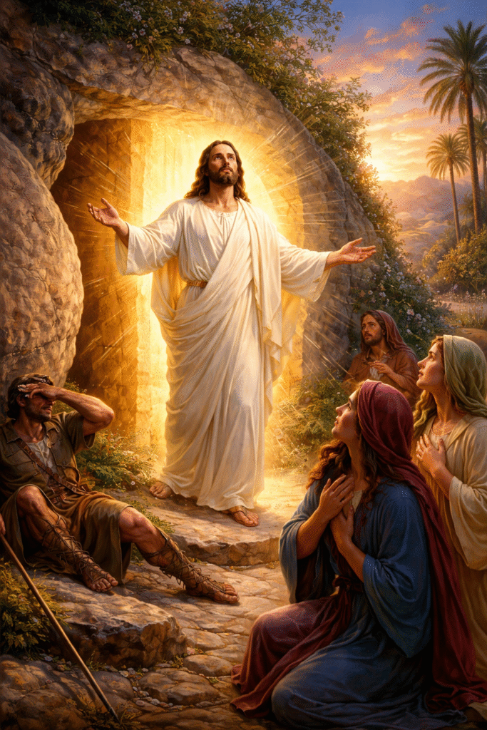 Depiction of Jesus Christ emerging from the tomb in radiant light at sunrise, with women and a Roman soldier reacting in awe outside the empty grave.