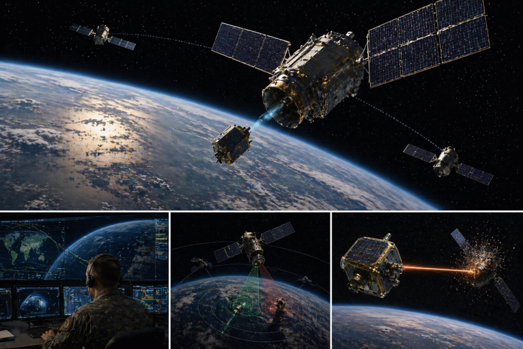 Satellites orbiting Earth with one deploying smaller craft, illustrating anti-satellite capabilities and space-based military tracking systems.