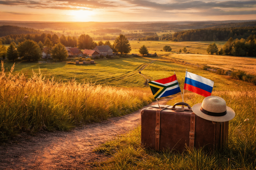 Wide rural farmland landscape symbolizing migration from South Africa to Russia with agricultural fields and distant homesteads.