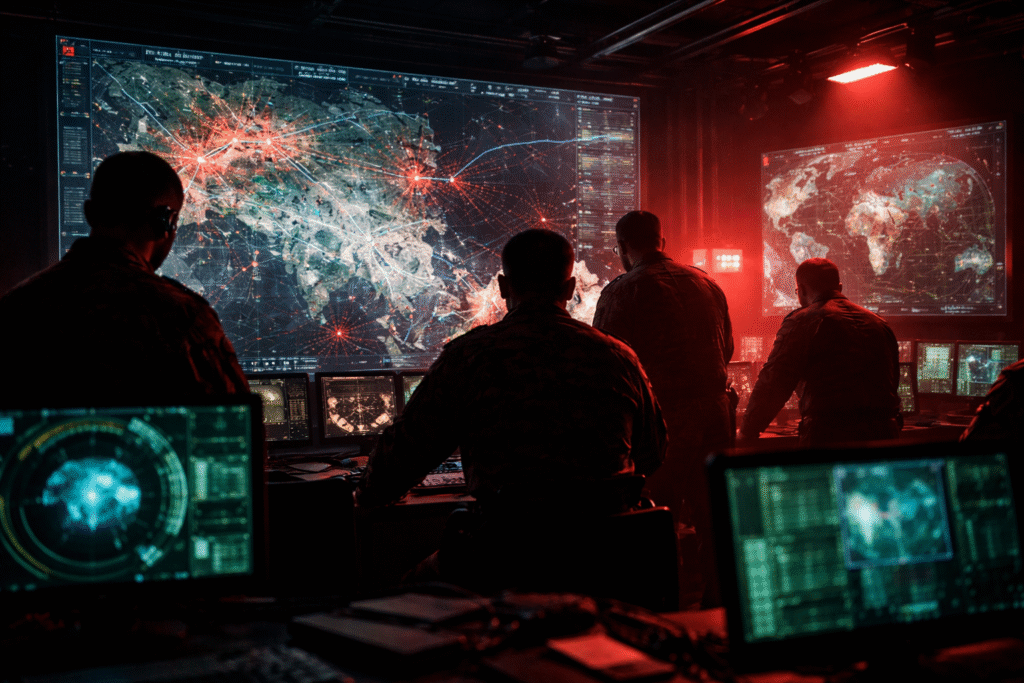 Dimly lit military command center with large digital maps and radar screens, symbolizing strategic escalation and heightened geopolitical tensions.