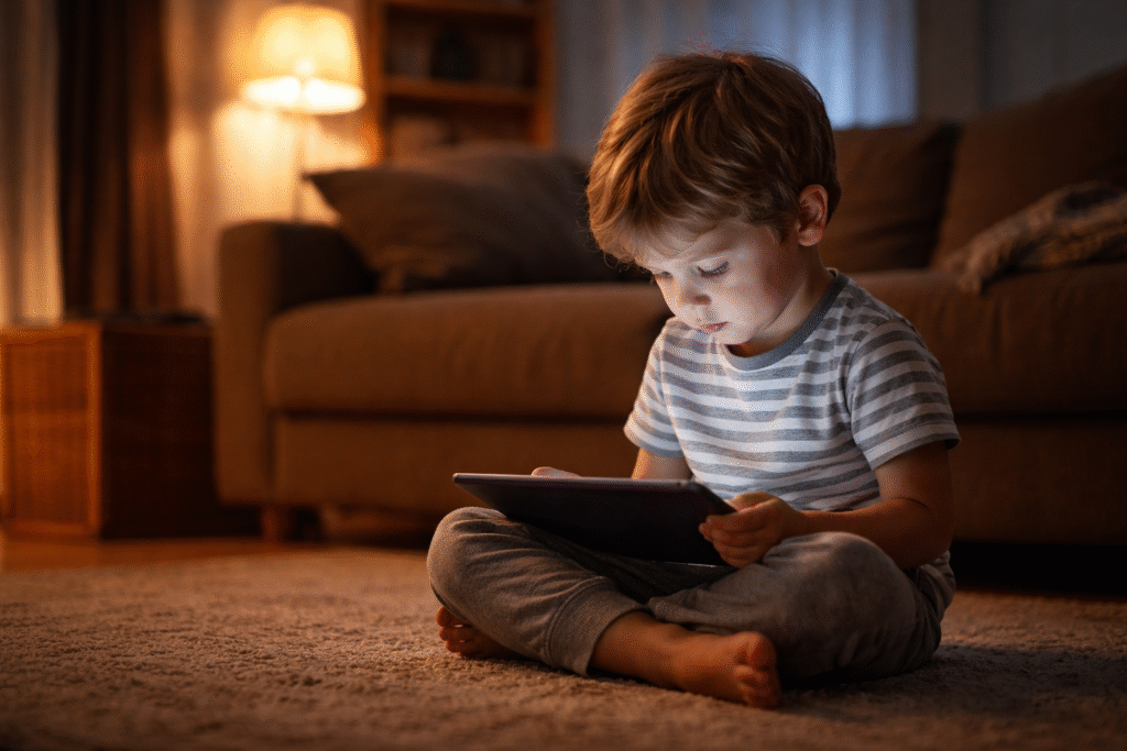 Young child sitting alone indoors using a tablet with minimal social interaction in a softly lit environment.