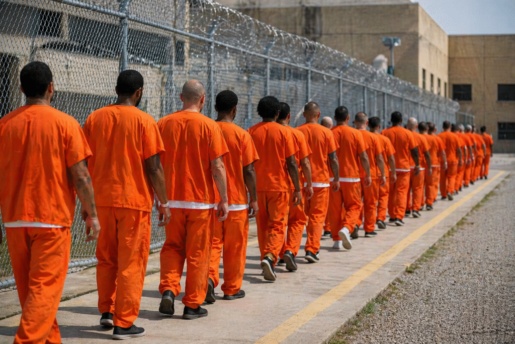 A line of inmates in orange uniforms walking single file along a fenced prison yard with razor wire under daylight.