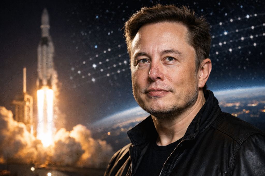 Elon Musk portrait with a rocket launching behind him at night and Earth visible in the background with orbiting satellites.