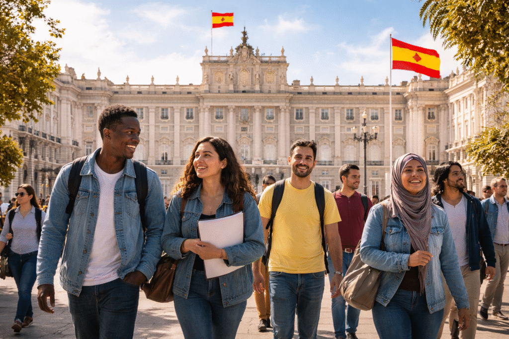 Government building with Spanish flags and a diverse group of people walking nearby, representing migrant integration and policy changes in Spain.