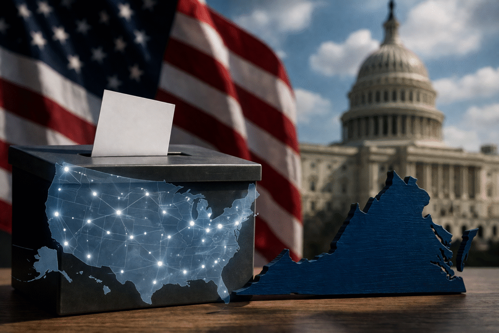 A symbolic image showing a voting concept with a ballot box and U.S. map overlay, representing national popular vote and electoral system changes.