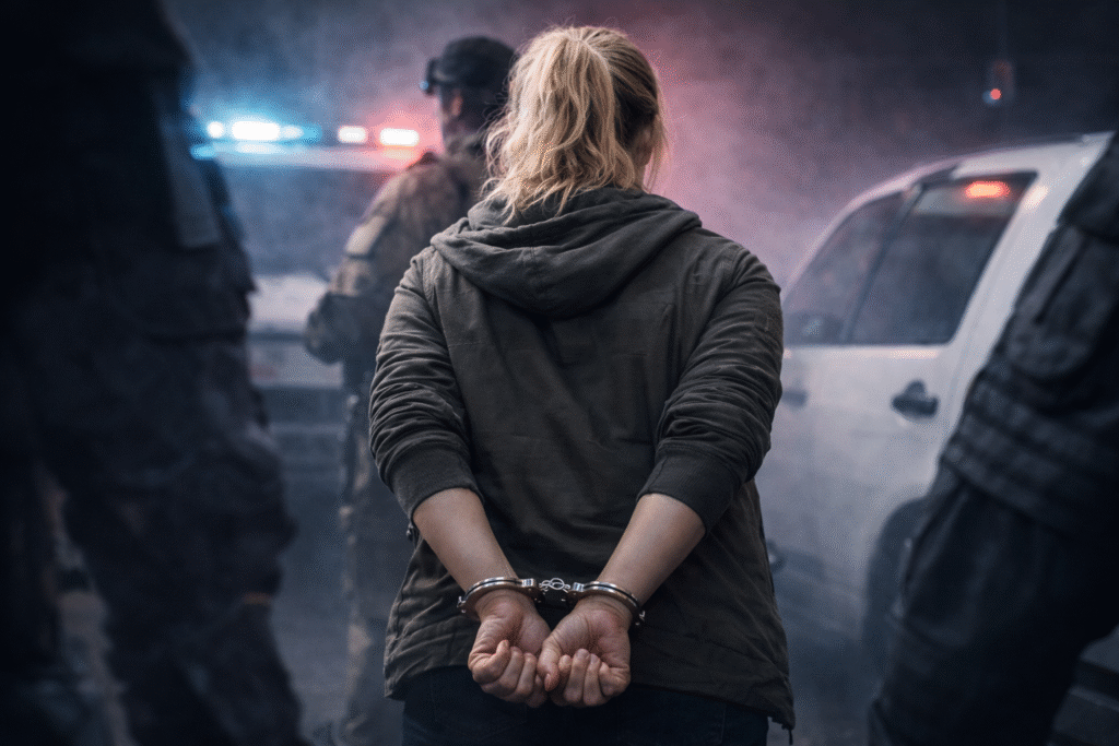 Handcuffed woman seen from behind being escorted by law enforcement near police vehicles with flashing lights, symbolizing arrest in a classified leak case.