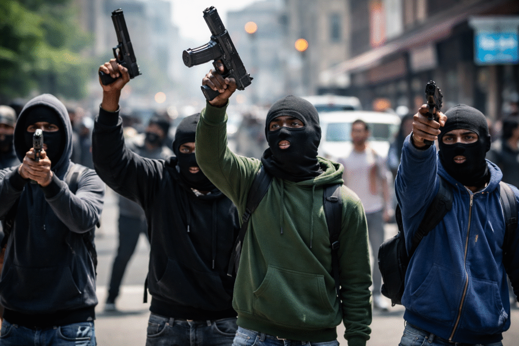 Masked individuals holding firearms on a busy urban street in daylight, with blurred pedestrians and vehicles in the background, illustrating public safety concerns in a city environment.