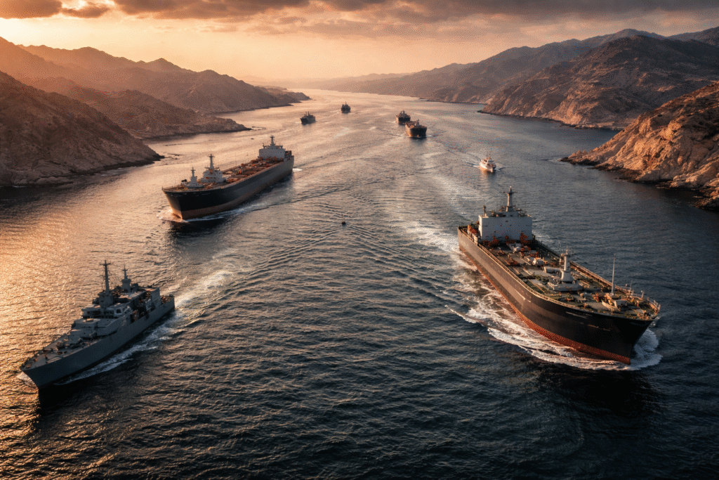 Aerial view of oil tankers navigating the narrow Strait of Hormuz with naval vessels nearby, highlighting strategic maritime traffic and regional tension.