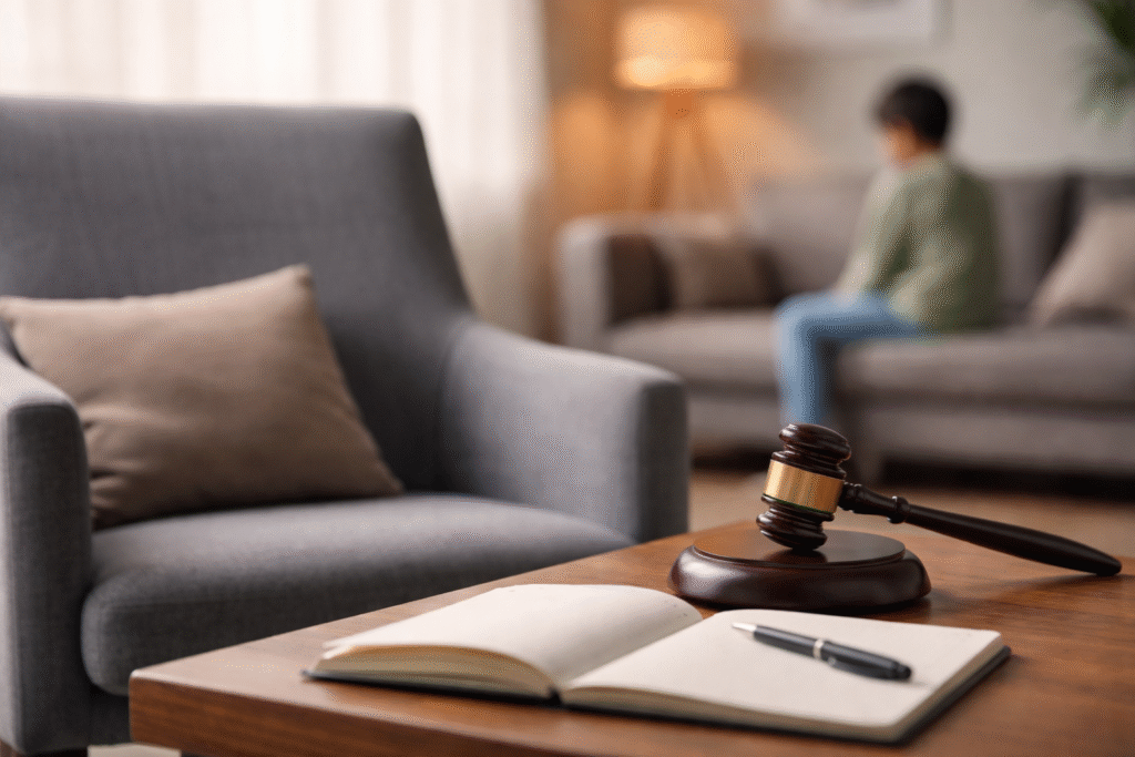 Symbolic counseling room with empty chair and legal elements representing a court ruling on gender identity counseling and free speech rights.