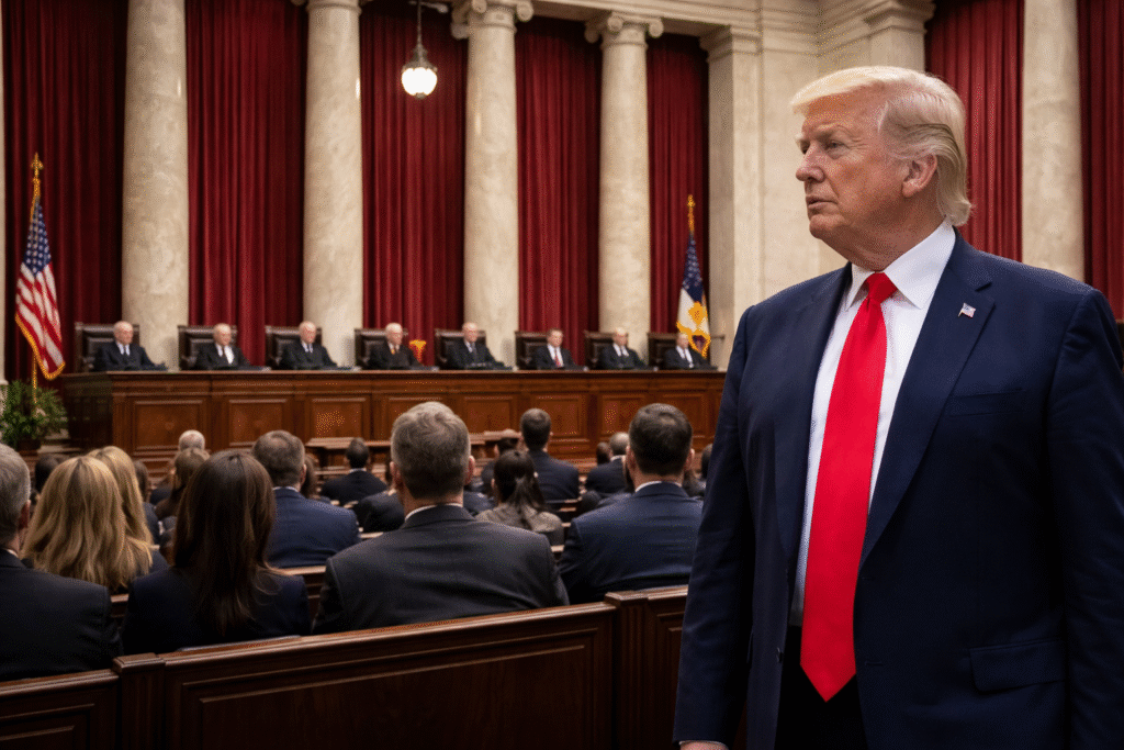 Man in a dark suit and red tie standing inside a formal courtroom with judges seated behind a bench, surrounded by marble columns and red curtains, observing legal proceedings.